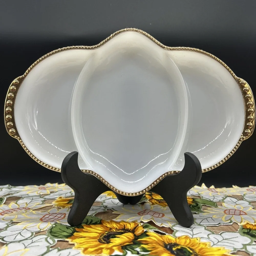Fire King White With  Gold Trim 3 Part Relish Dish Anchor Hocking